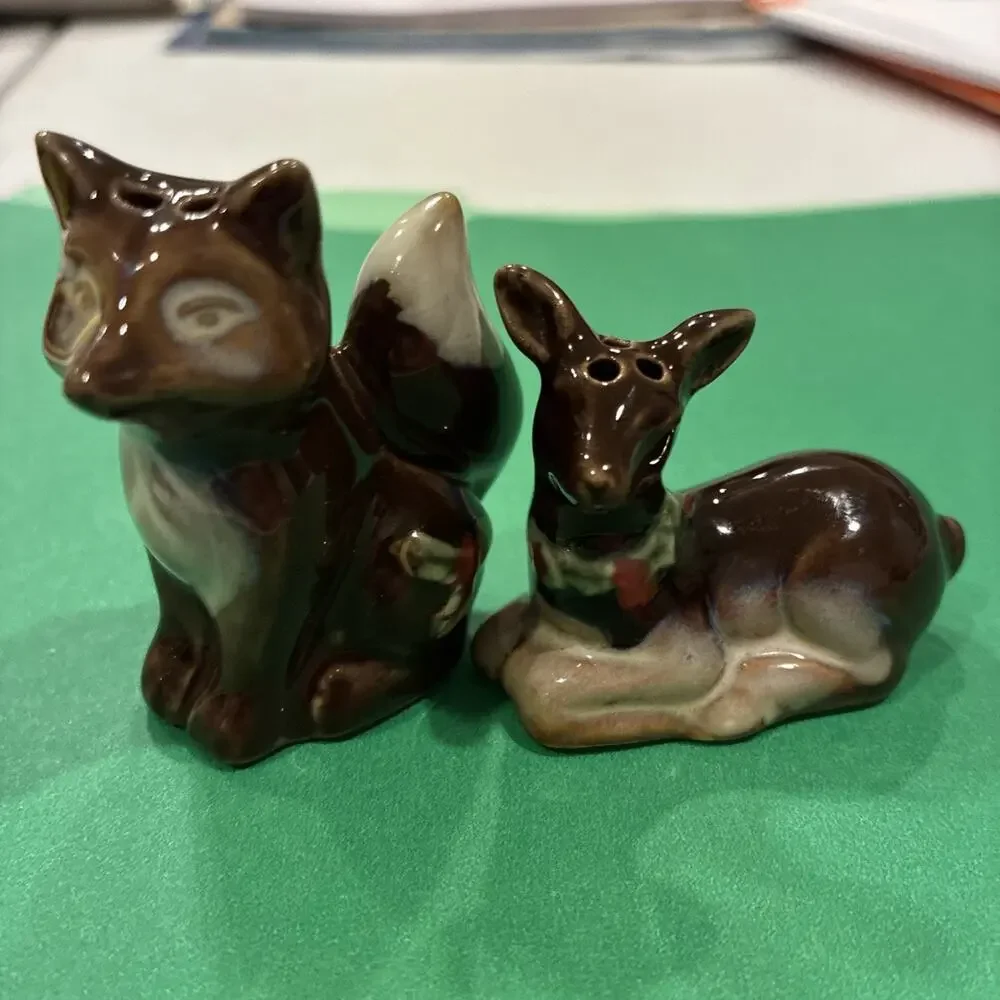 Deer And Fox Ceramic Salt And Pepper Shakers Fawn Whimsical Forest Animals Decor